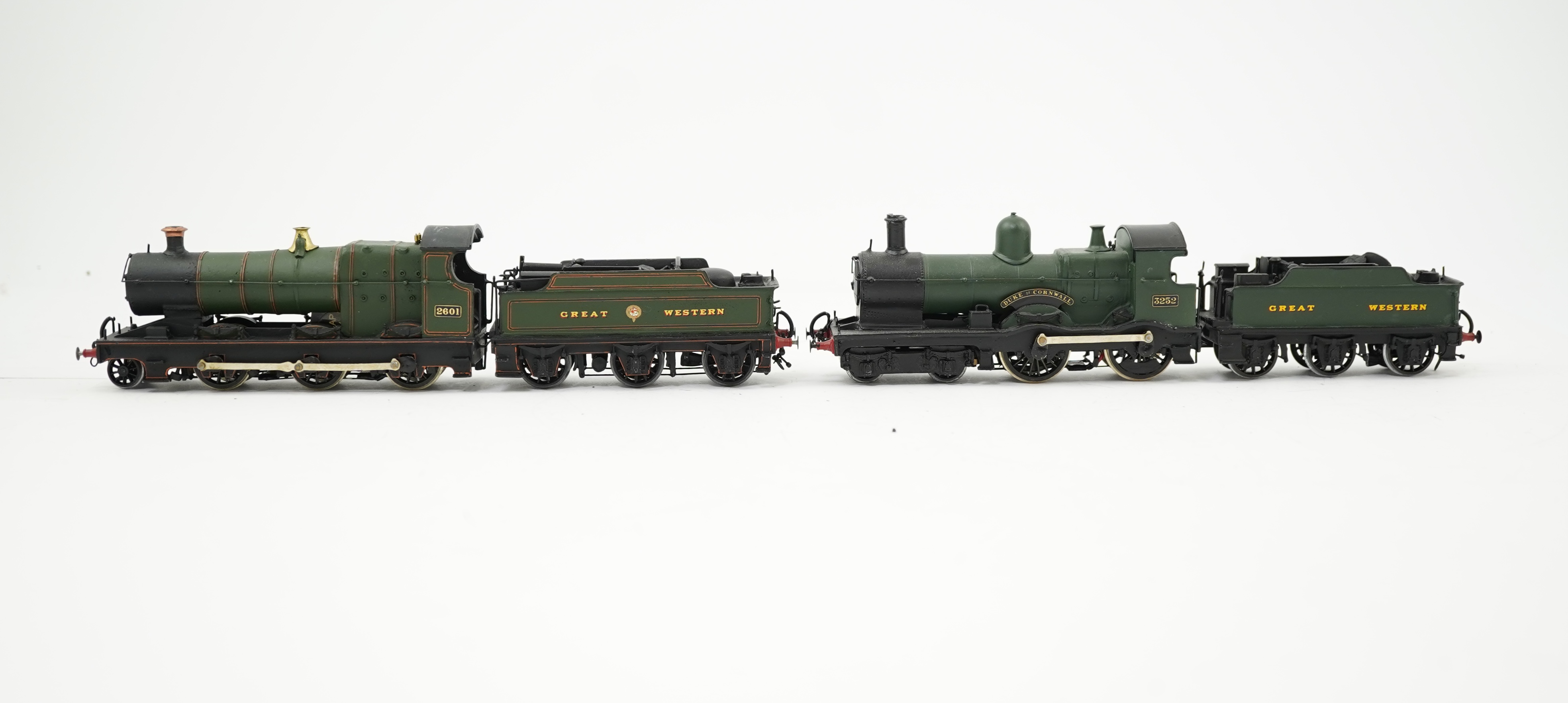 Two 00 gauge brass and white metal kit built Dean designed GWR tender locomotives; an Aberdare class 2-6-0, 2601, together with a Duke class 4-4-0, 3252, constructed, painted and lined to a high standard, both motored fo